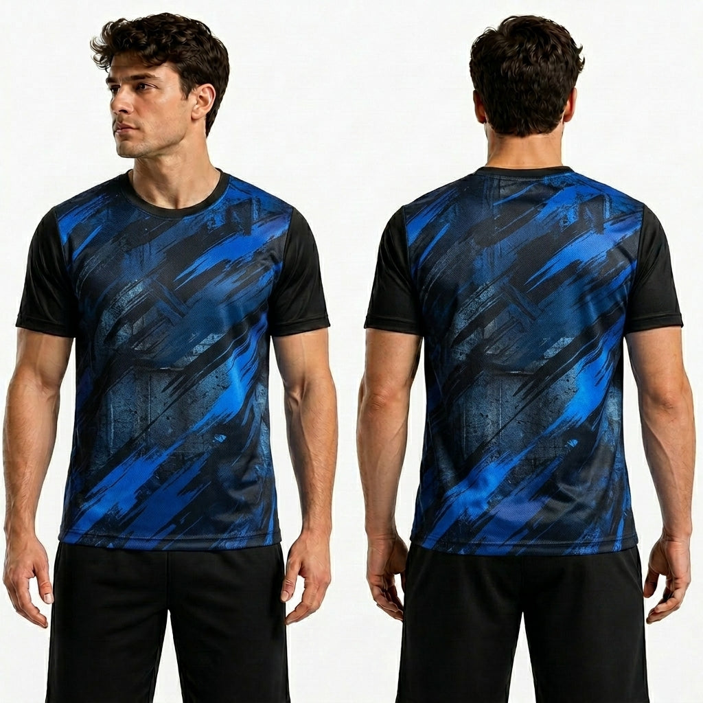 Man wearing a black and blue patterned sports jersey, front and back views, on a white background.