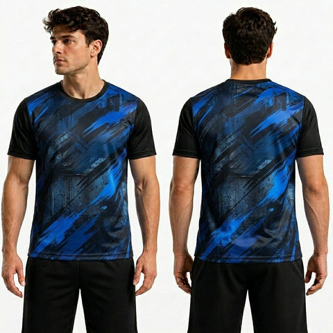 Man wearing a black and blue patterned sports jersey, front and back views, on a white background.