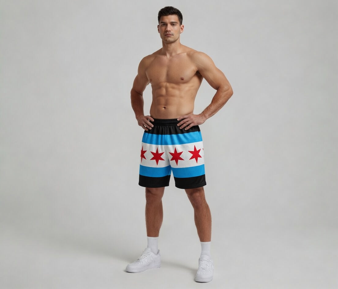 Man wearing a pair of boxer briefs with a Chicago flag design on a plain background