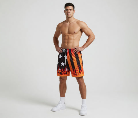 Man wearing a colorful American flag-themed athletic shorts on a white background