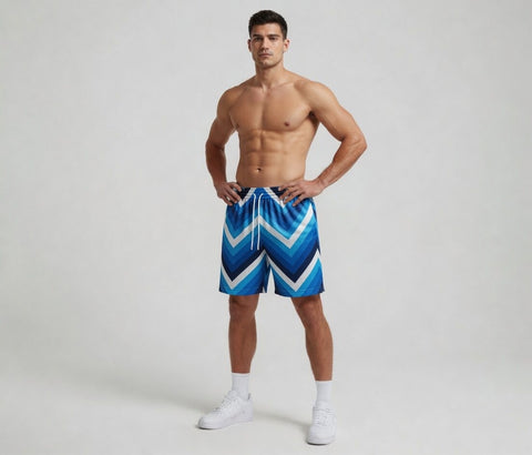 Man wearing blue and white striped swim shorts on a plain background