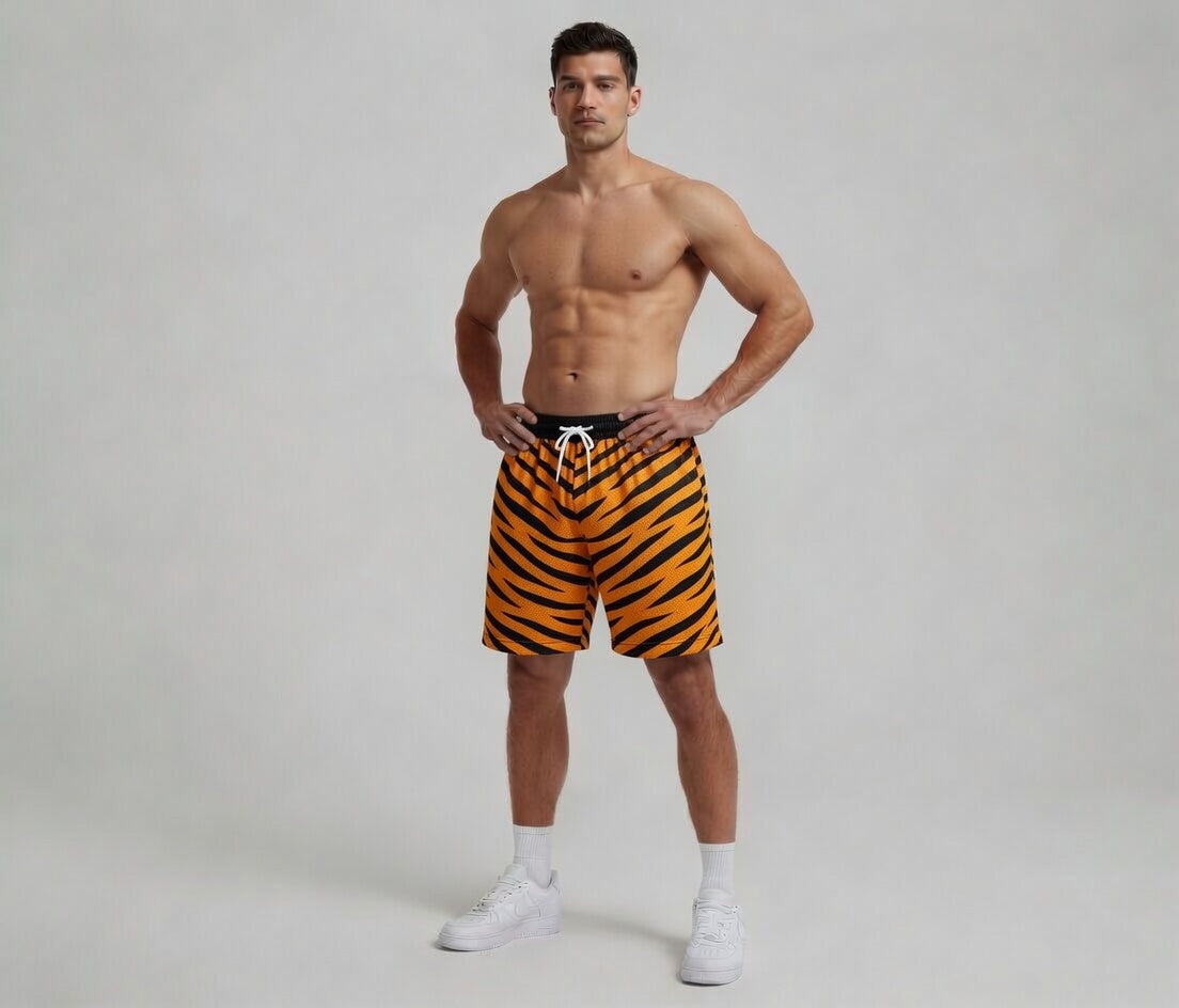 Man wearing tiger-striped swim shorts on a plain background