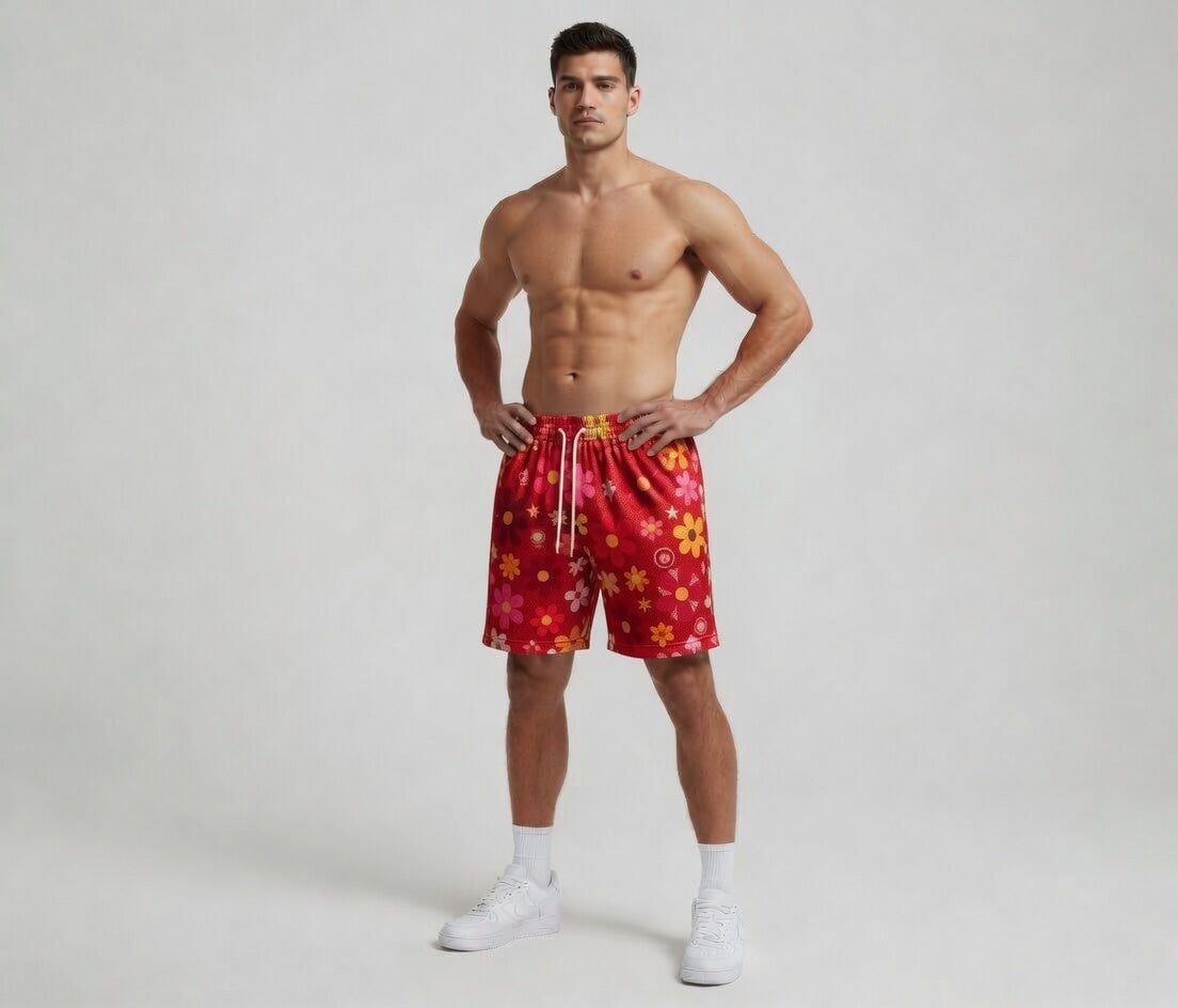 Man wearing red floral swim shorts on a plain background