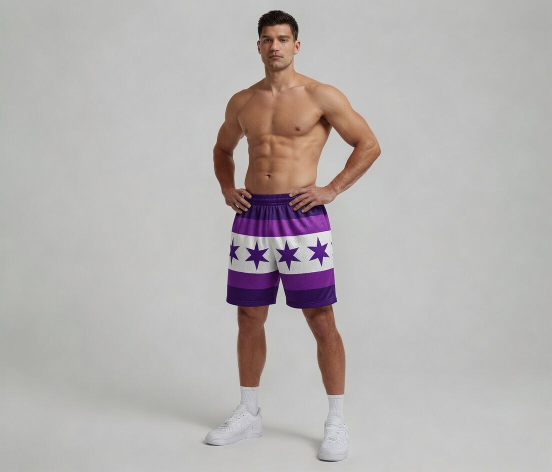 Man wearing purple and white striped shorts with star patterns on a plain background