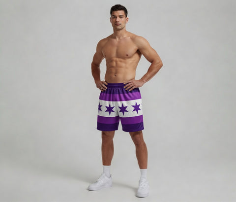 Man wearing purple and white striped shorts with star patterns on a plain background