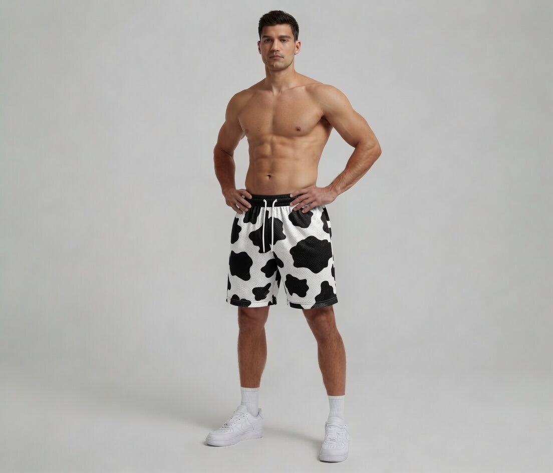 Man wearing black and white cow print shorts on a plain background
