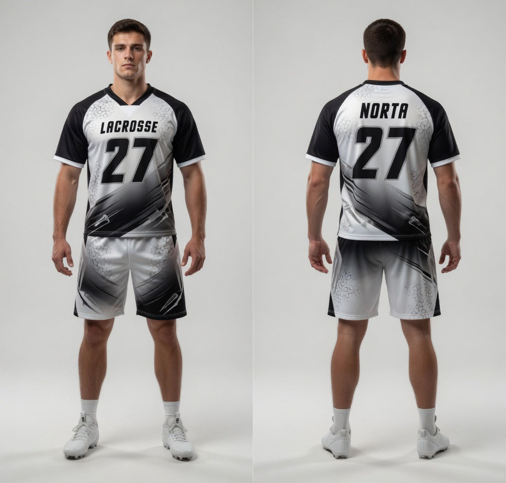 Custom White Black Lacrosse Uniforms