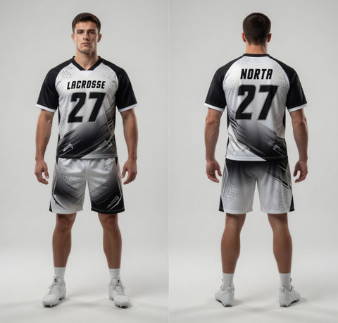 Custom White Black Lacrosse Uniforms