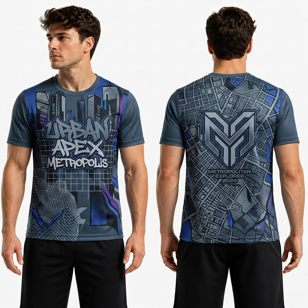 Man wearing a t-shirt with a futuristic design on a plain background