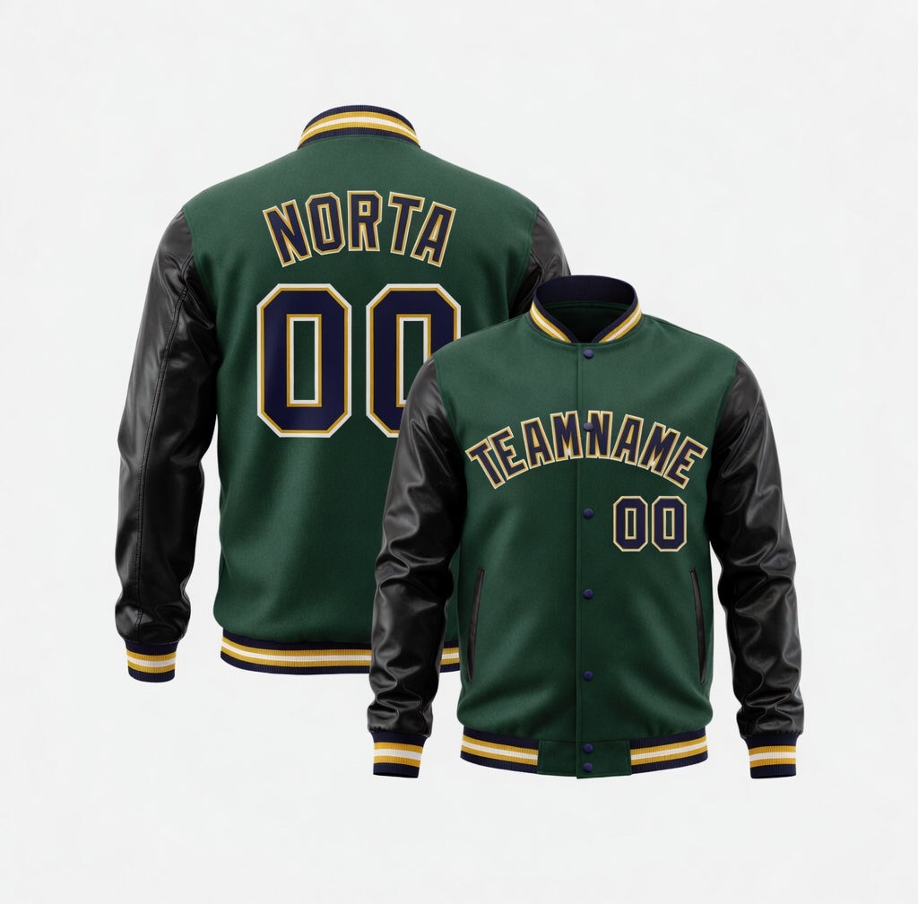 Green and black varsity jacket with customizable text on a white background