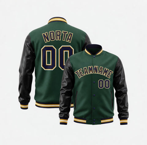 Green and black varsity jacket with customizable text on a white background