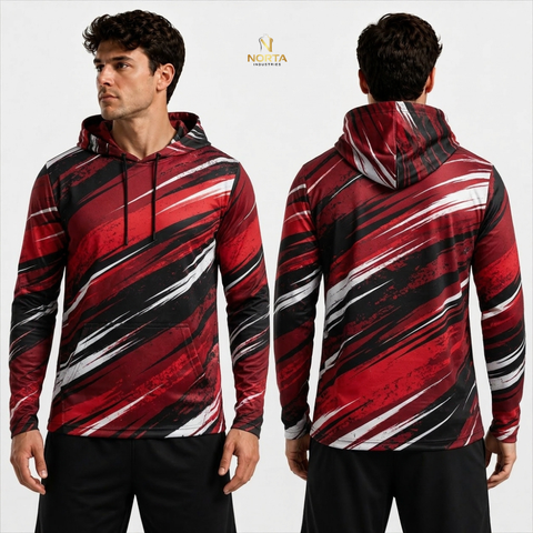 Red, black, and white striped hoodie displayed from front and back on a model against a white background.