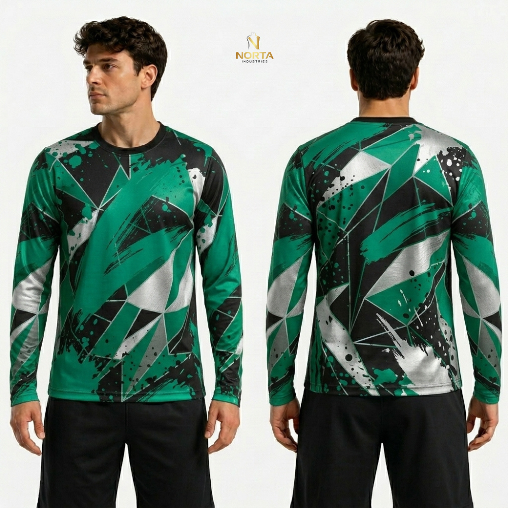 Green and black patterned long-sleeve shirt displayed from front and back on a white background.
