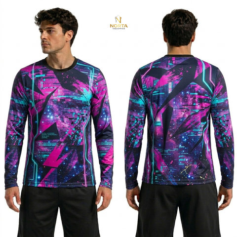 Long-sleeve shirt with a colorful abstract design on a white background