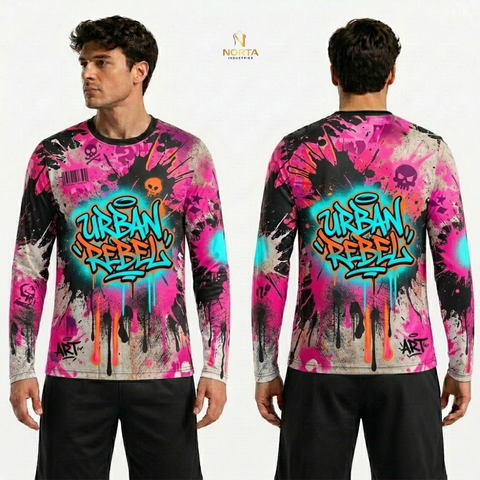 Colorful long-sleeve shirt with 'Urban Rebel' design on a white background