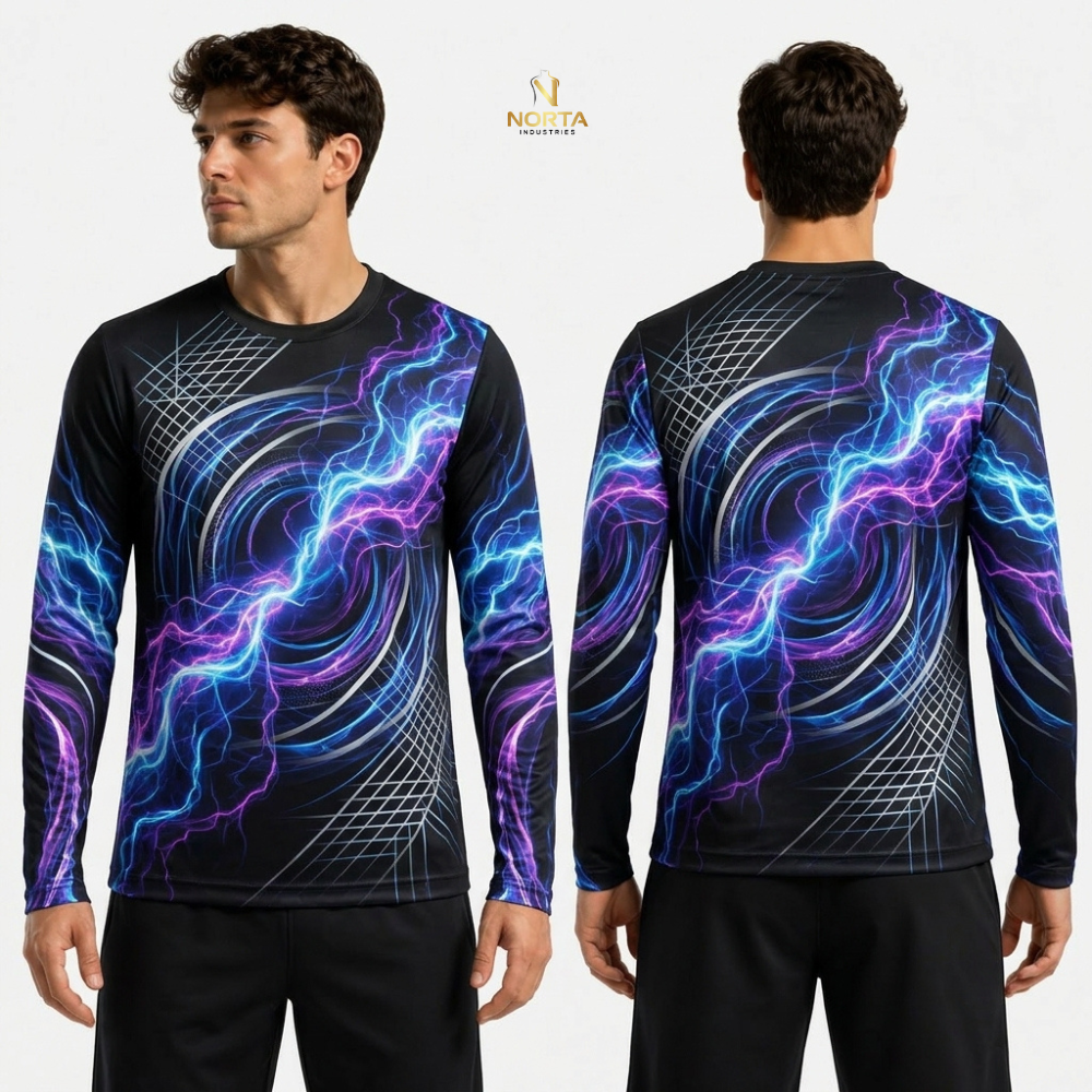 Long-sleeve shirt with futuristic design on a white background
