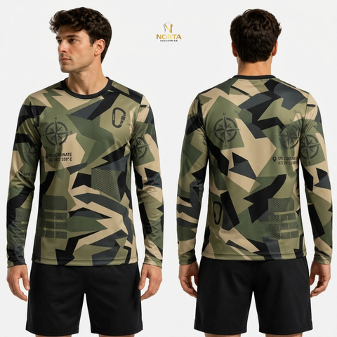 Camouflage long-sleeve shirt with brand logo on a white background