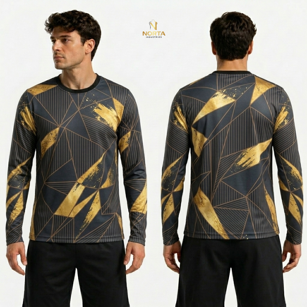 Long-sleeve shirt with gold geometric pattern on a white background