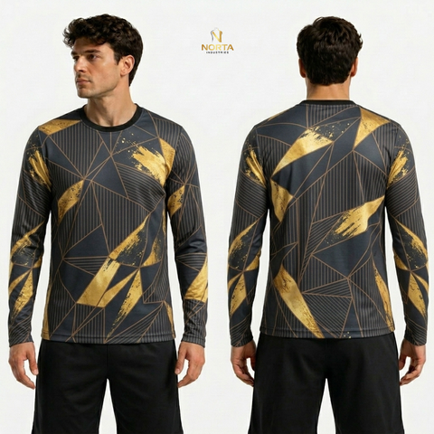 Long-sleeve shirt with gold geometric pattern on a white background