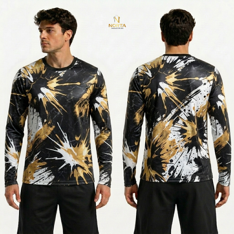 Long-sleeve shirt with black, gold, and white abstract pattern worn by a model on a white background.