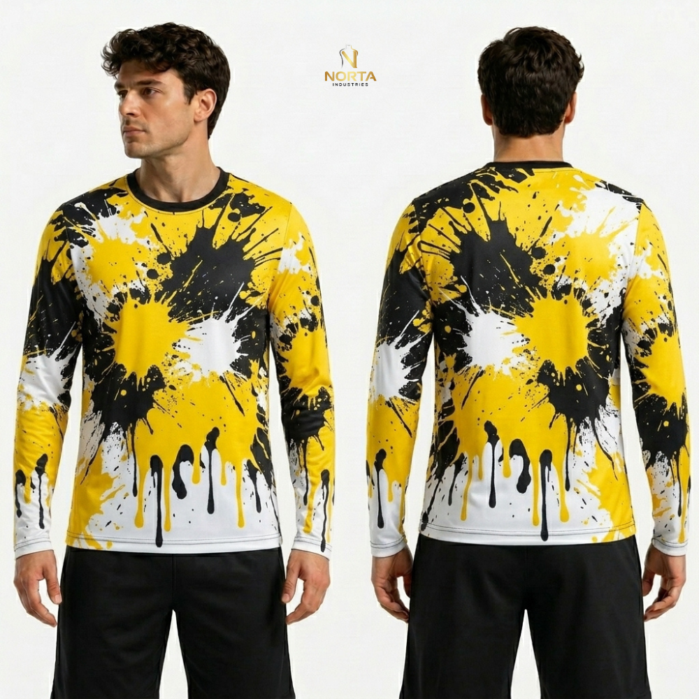 Man wearing a black and white abstract hoodie with Norta Industries logo.
