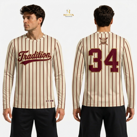Baseball jersey with 'Tradition' and number '34' displayed on a model against a white background.
