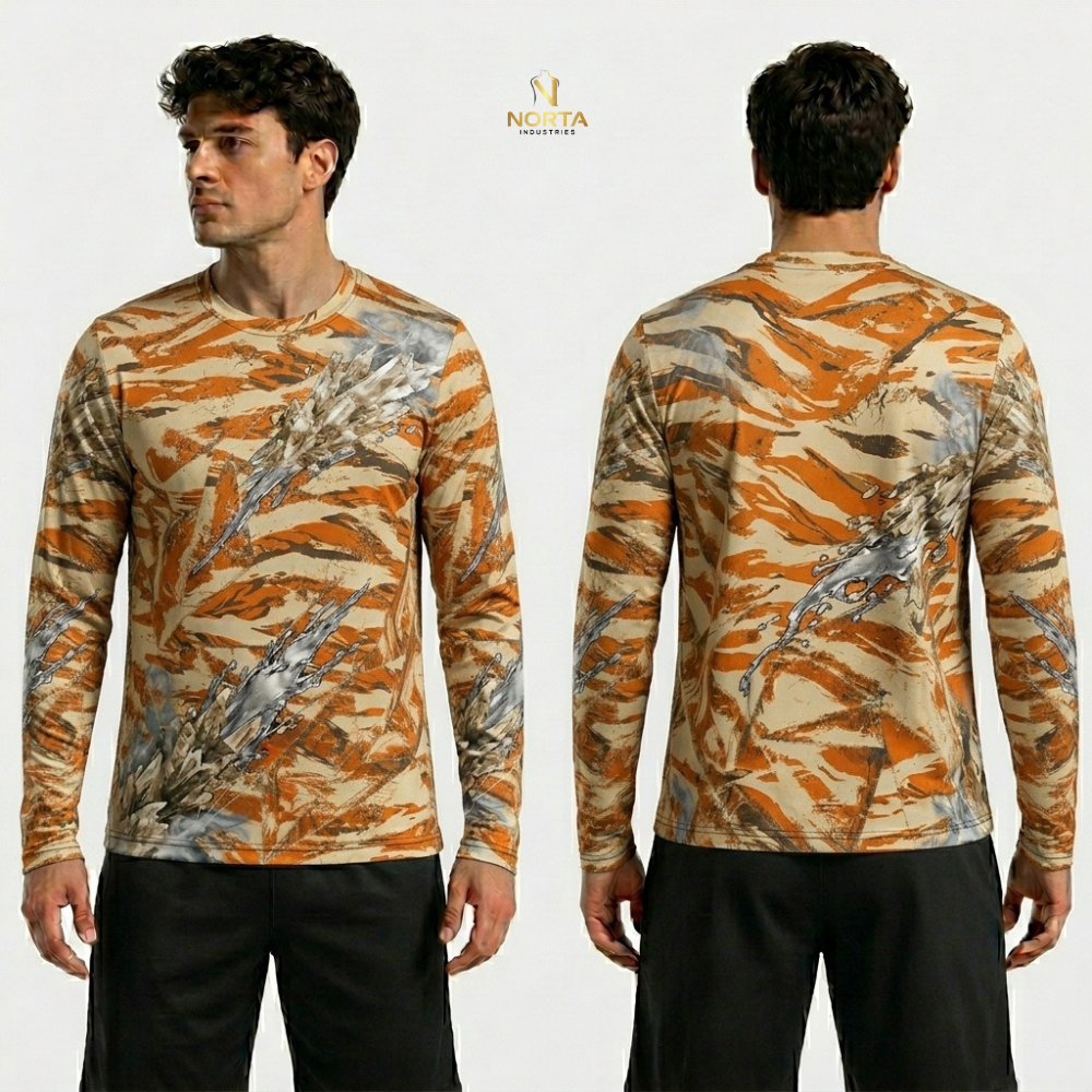 Camouflage long-sleeve shirt displayed from front and back on a white background