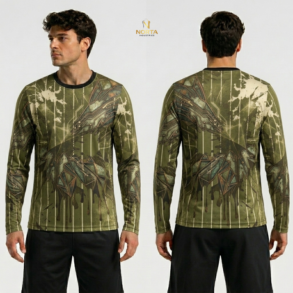 Camouflage long-sleeve shirt displayed from front and back on a white background