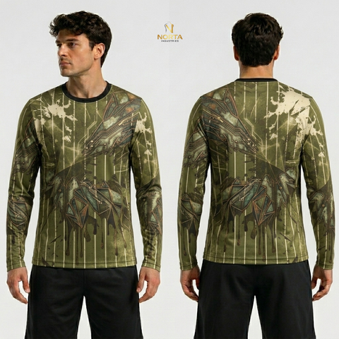 Camouflage long-sleeve shirt displayed from front and back on a white background