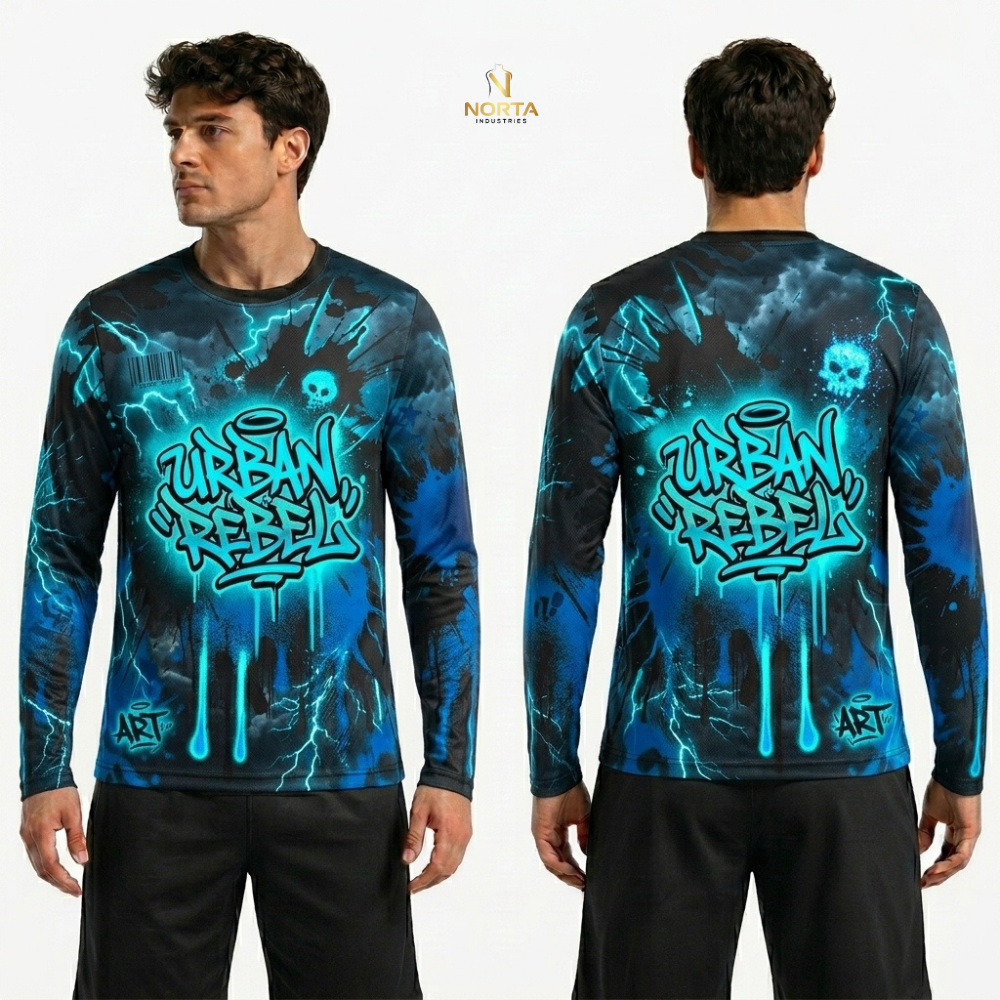 Long-sleeve shirt with 'Urban Rebel' design on a white background