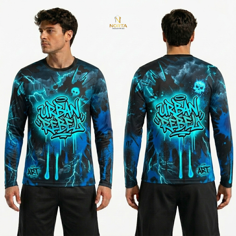 Long-sleeve shirt with 'Urban Rebel' design on a white background