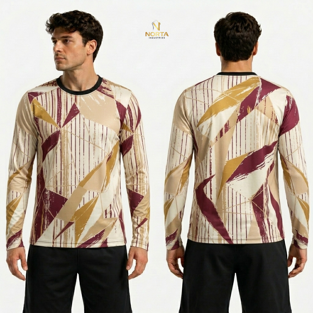 Long-sleeve shirt with geometric pattern worn by a model on a white background, featuring the Norta brand.