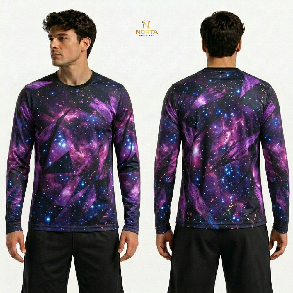 Long-sleeve shirt with galaxy pattern worn by a model on a white background