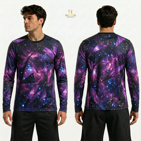 Long-sleeve shirt with galaxy pattern worn by a model on a white background
