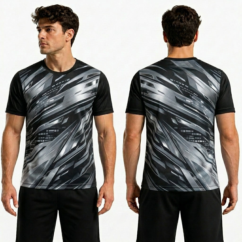 Man wearing a black and gray patterned sports shirt, front and back views, on a white background.