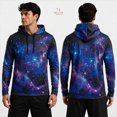 Galaxy-themed hoodie shown from front and back on a model against a white background.