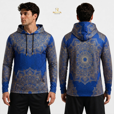 Blue and gold patterned hoodie worn by a model on a white background