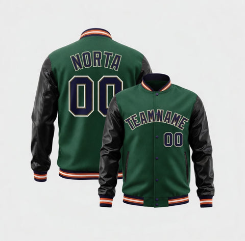 Green varsity jacket with black sleeves and customizable text on a white background