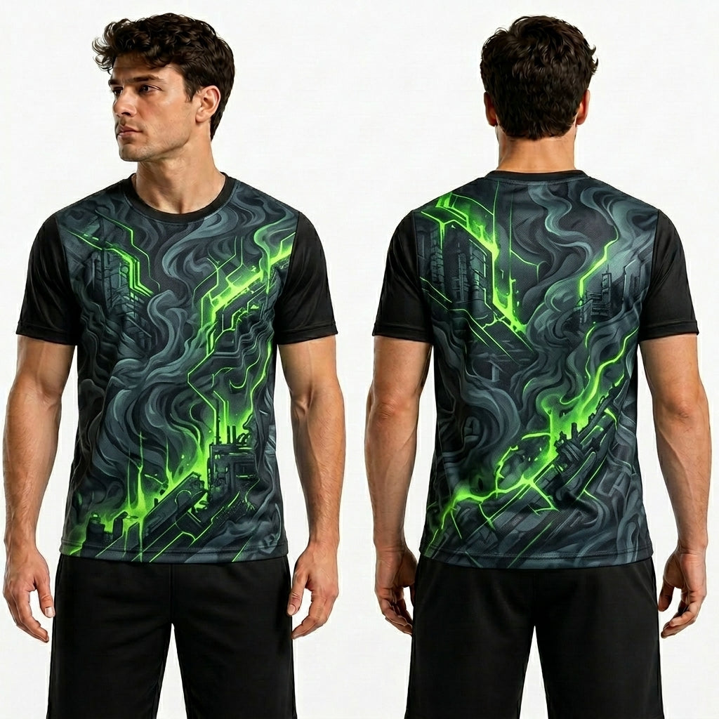 Black t-shirt with green circuit-like pattern worn by a model on a white background