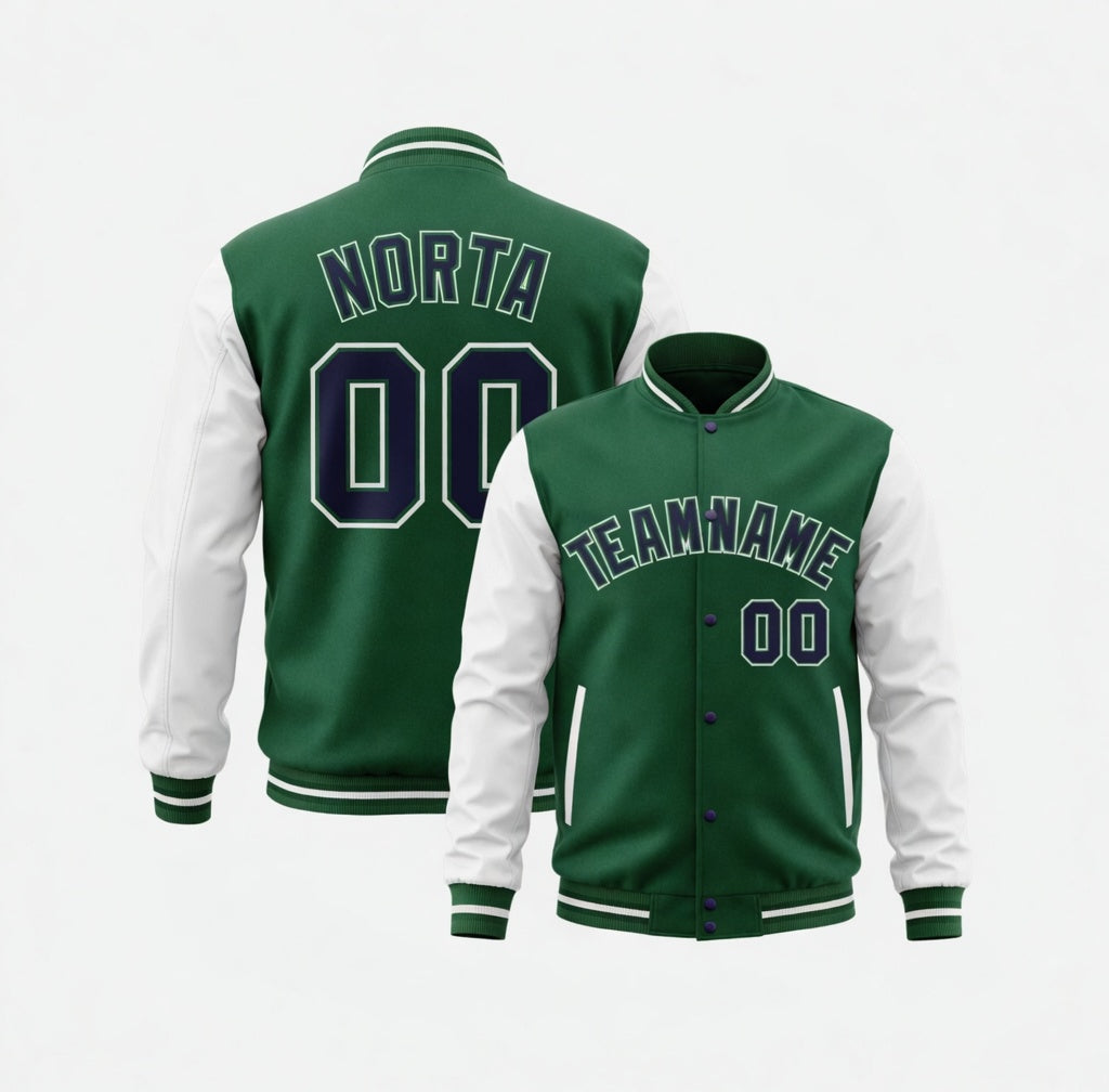 Green and white varsity jacket with customizable text on a white background