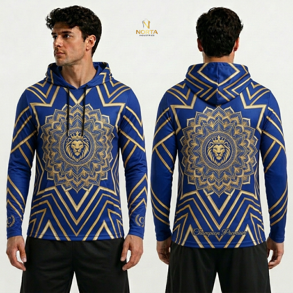 Blue hoodie with gold lion design worn by a model, showing front and back views.