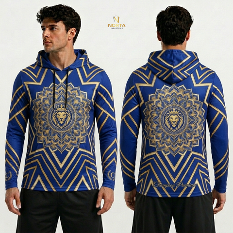 Blue hoodie with gold lion design worn by a model, showing front and back views.