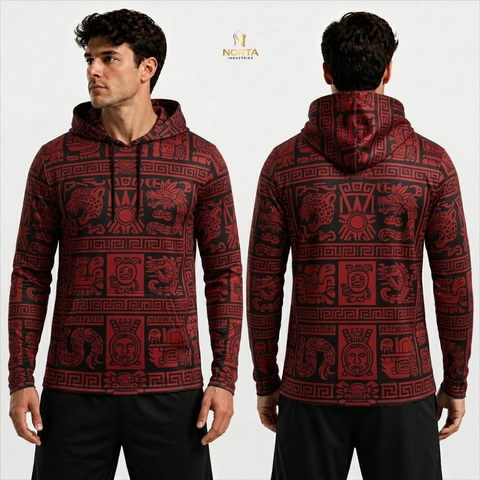 Red patterned hoodie shown from front and back on a white background with 'Norta' branding.