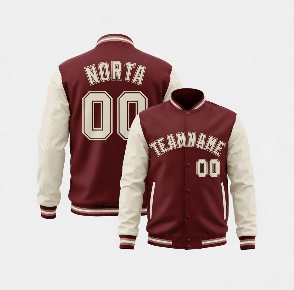 Maroon and cream varsity jacket with 'NORTA' and numbers on the back, 'TEAMNAME' and numbers on the front.