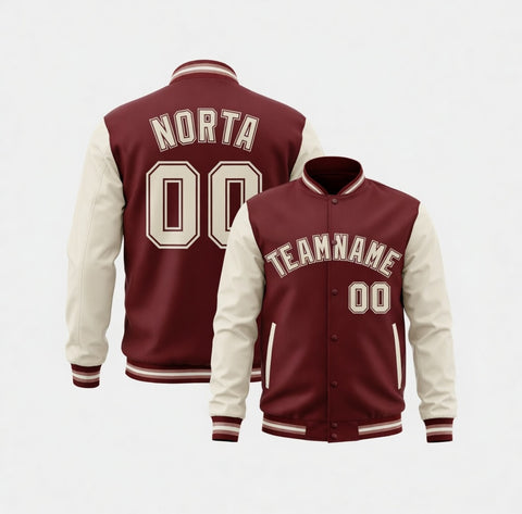 Maroon and cream varsity jacket with 'NORTA' and numbers on the back, 'TEAMNAME' and numbers on the front.