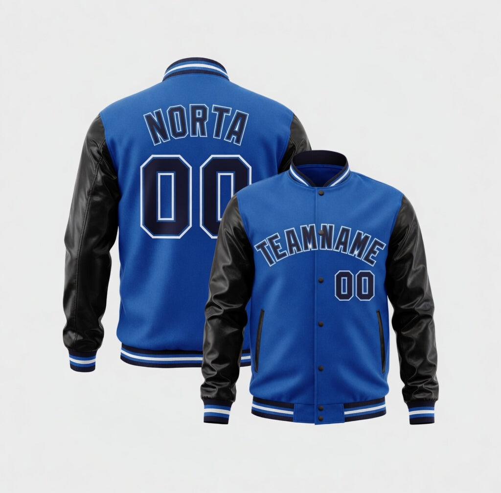Blue varsity jacket with black sleeves and personalized text on a white background