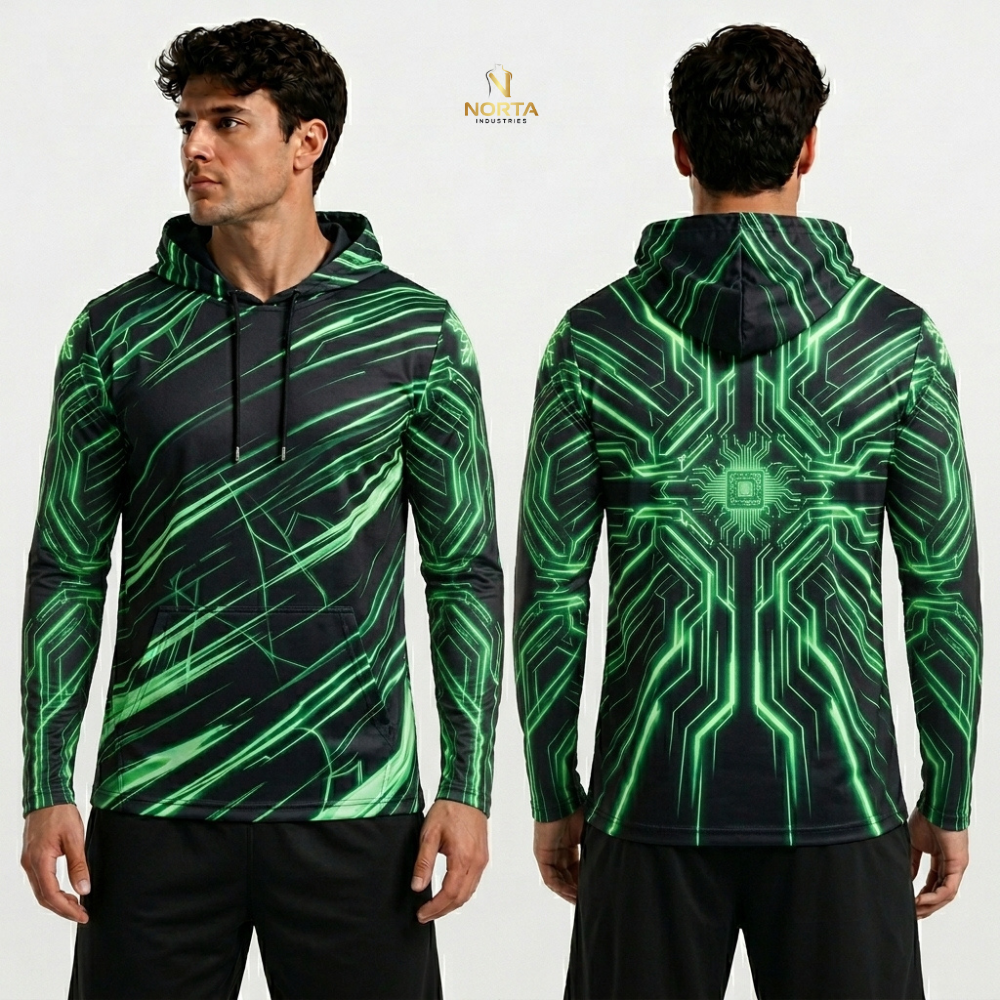 Green and black hoodie with geometric pattern on a white background