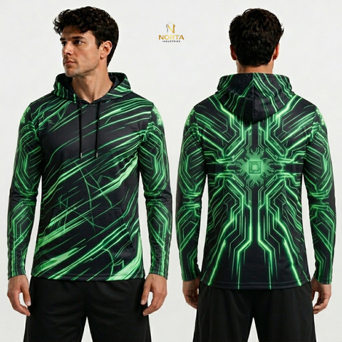 Green and black hoodie with geometric pattern on a white background