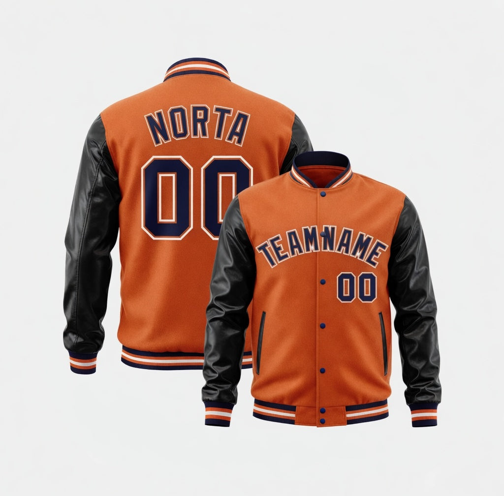 Orange varsity jacket with black sleeves and customizable text on a white background