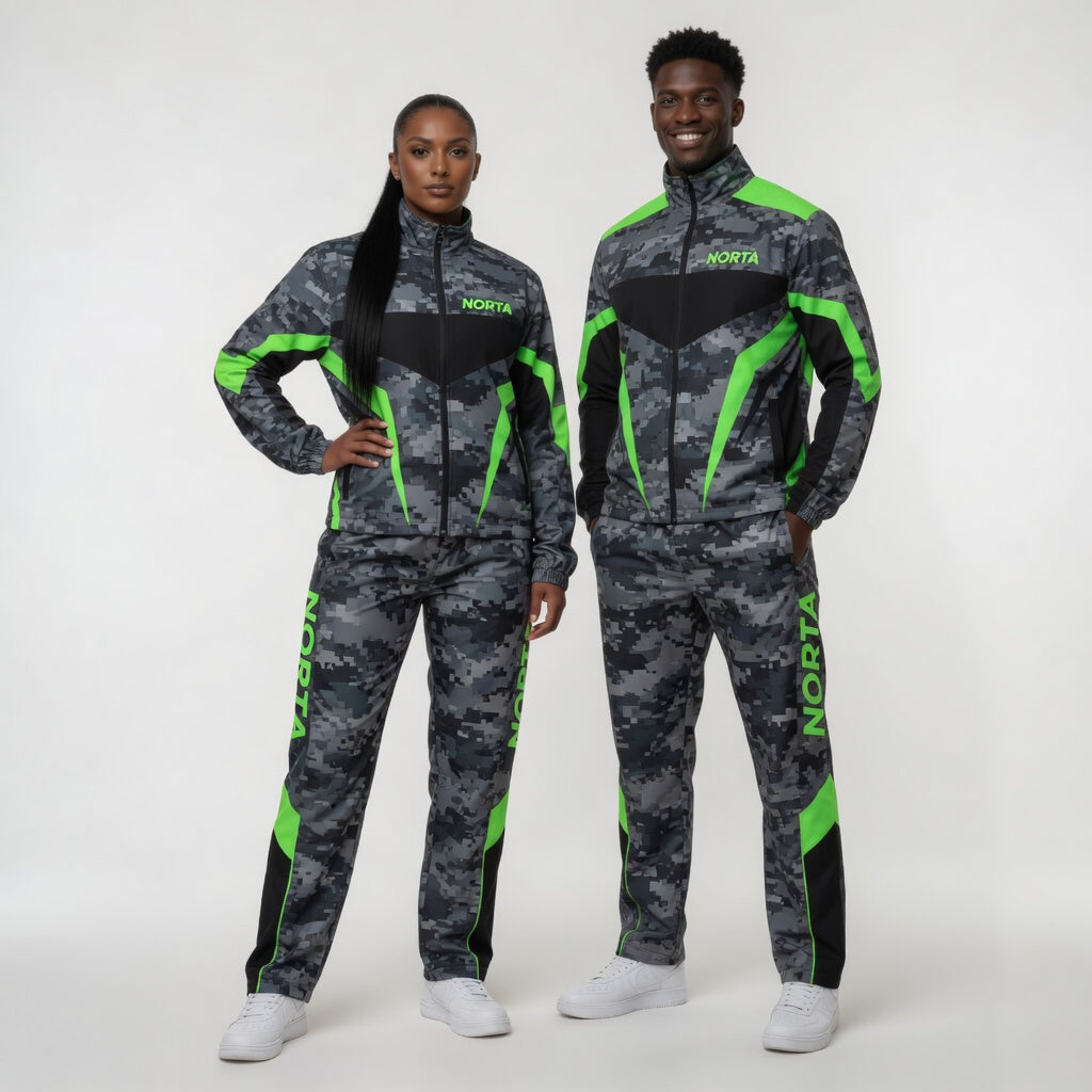 Two people wearing matching camouflage tracksuits with green accents on a white background